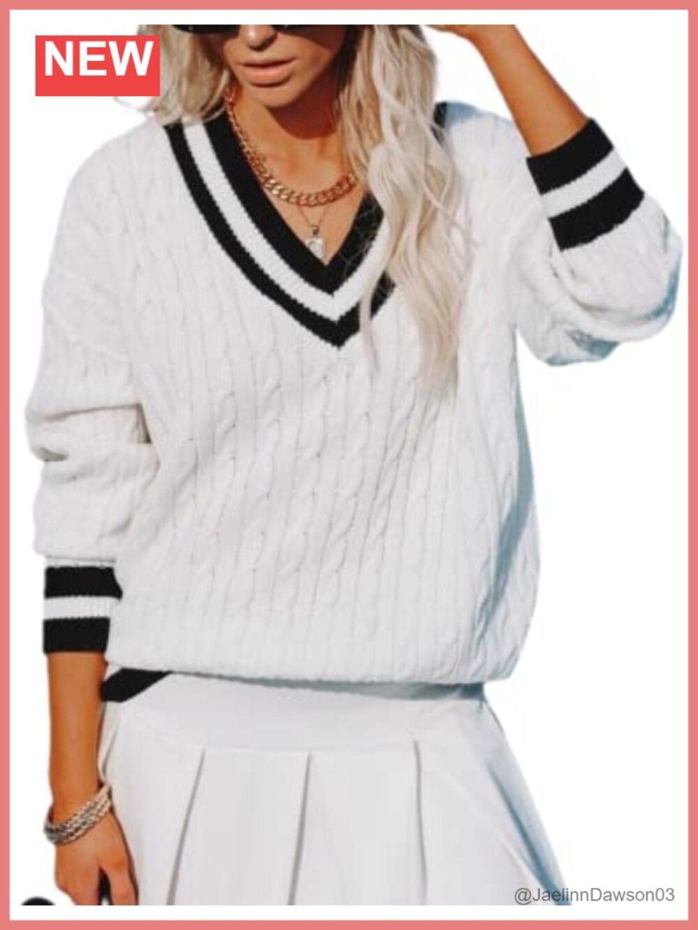 V Neck Long Sleeve Striped Cable Knit Pullover Sweater Relaxed Casual